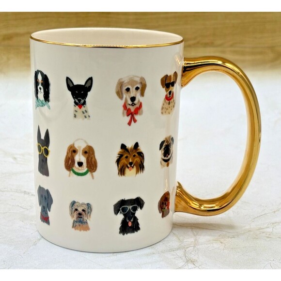 Anthropologie Rifle Paper Co Porcelain Coffee Mug Hot Dogs Gilded Handle & Lid - Picture 1 of 13